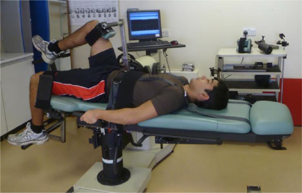 Fig. 1 
          Cybex dynamometer (a MDD) showing a participant during testing of hip flexors
        