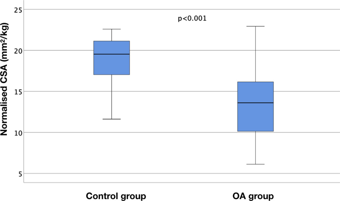 Fig. 3 
            Boxplot of normalized cross-sectional areas (N-CSA) of the gluteus minimus in the control and osteoarthritis (OA) group. The top and bottom of each box represent the first and third quartiles of the distribution. The horizontal line inside each box represent the median (second quartile).
          