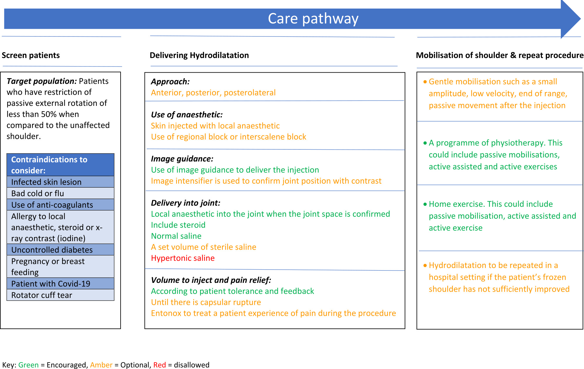 Fig. 2 
            Expert consensus hydrodilatation care pathway for patients with a frozen shoulder.
          